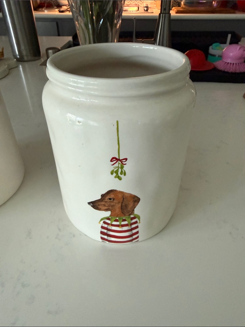 Rae Dunn cookie jar Dachshund & Mistletoe-NO LID
